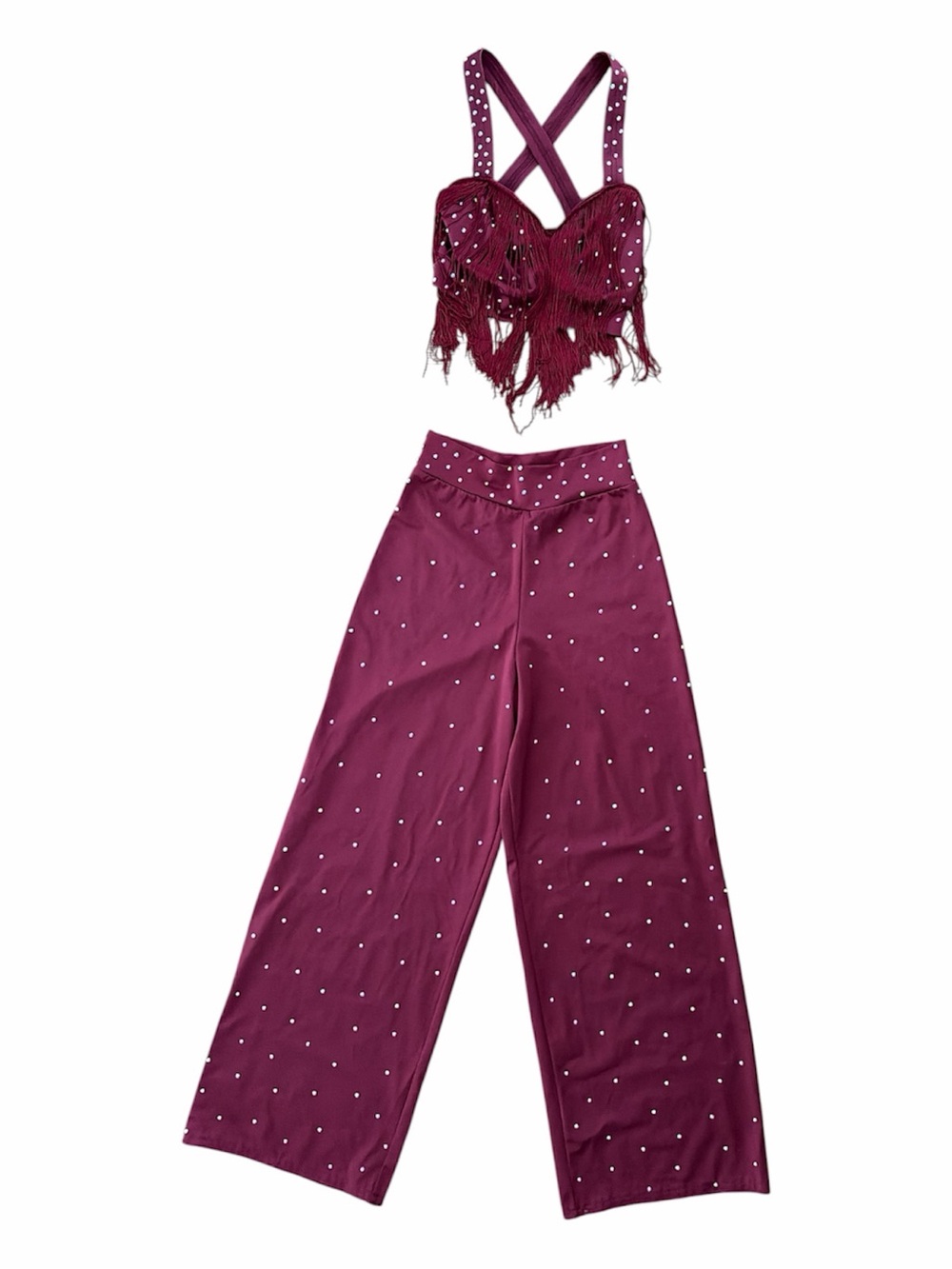 Girls' Burgundy Fringe Crop Top & Wide-Leg Dance Pants Set